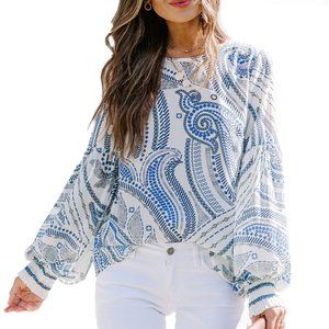 LANTERN SLEEVE BLUE & WHITE PAISLEY STYLE TOP